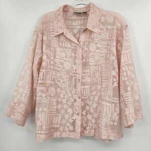 Chicos 3 Long Sleeve Button Front Shirt Semi Sheer Womens Size XL Pink